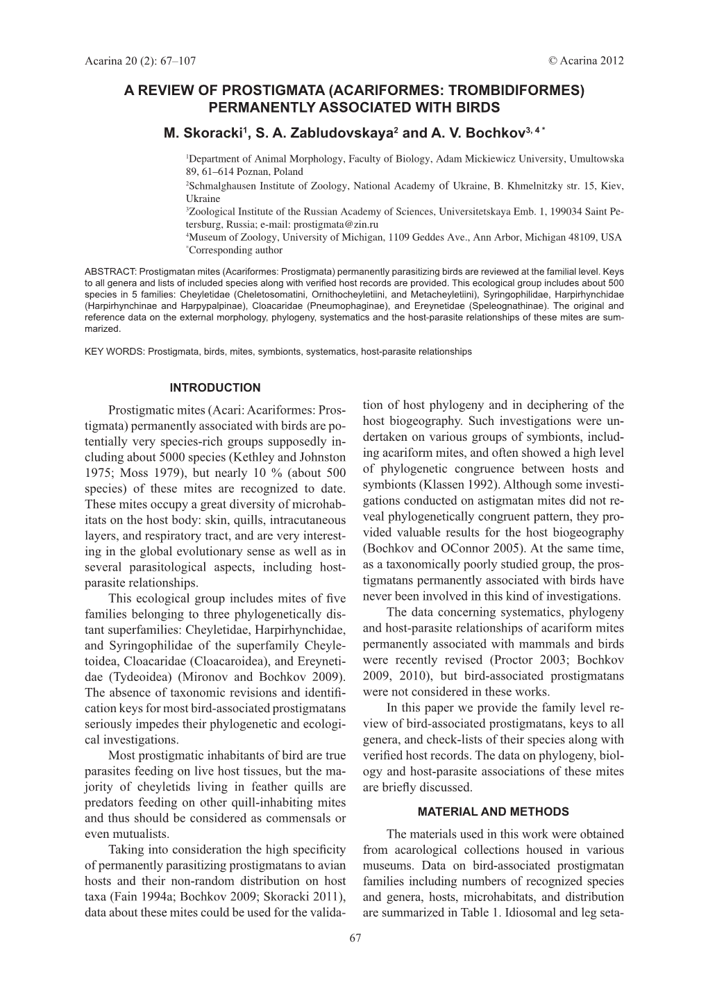 Acariformes: TROMBIDIFORMES) Permanently Associated with Birds M