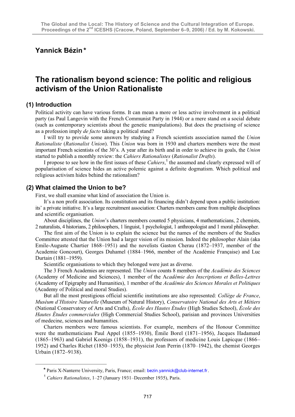 The Politic and Religious Activism of the Union Rationaliste