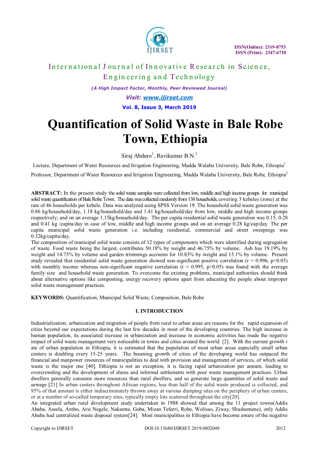 Quantification of Solid Waste in Bale Robe Town, Ethiopia