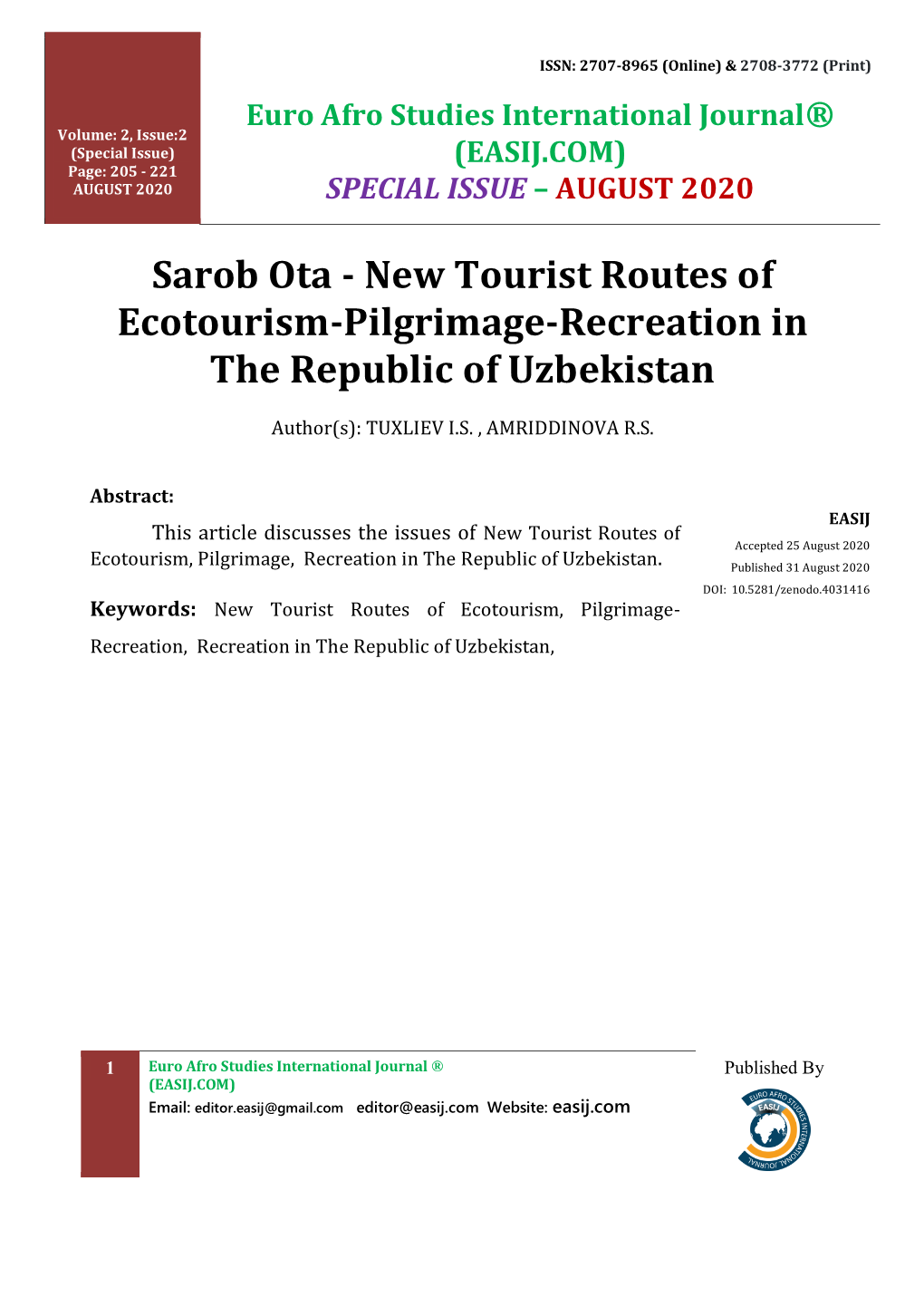 Sarob Ota - New Tourist Routes of Ecotourism-Pilgrimage-Recreation in the Republic of Uzbekistan