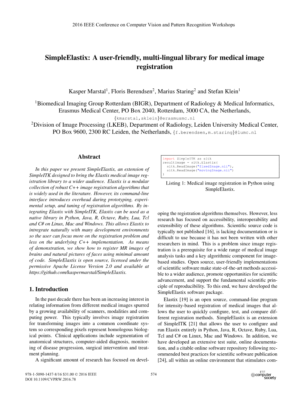 Simpleelastix: a User-Friendly, Multi-Lingual Library for Medical Image Registration