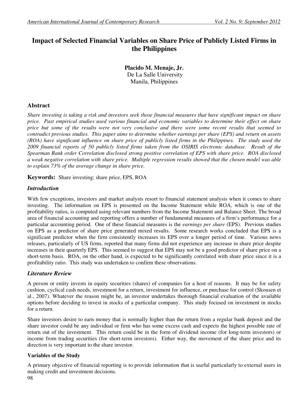 Impact of Selected Financial Variables on Share Price of Publicly Listed Firms in the Philippines