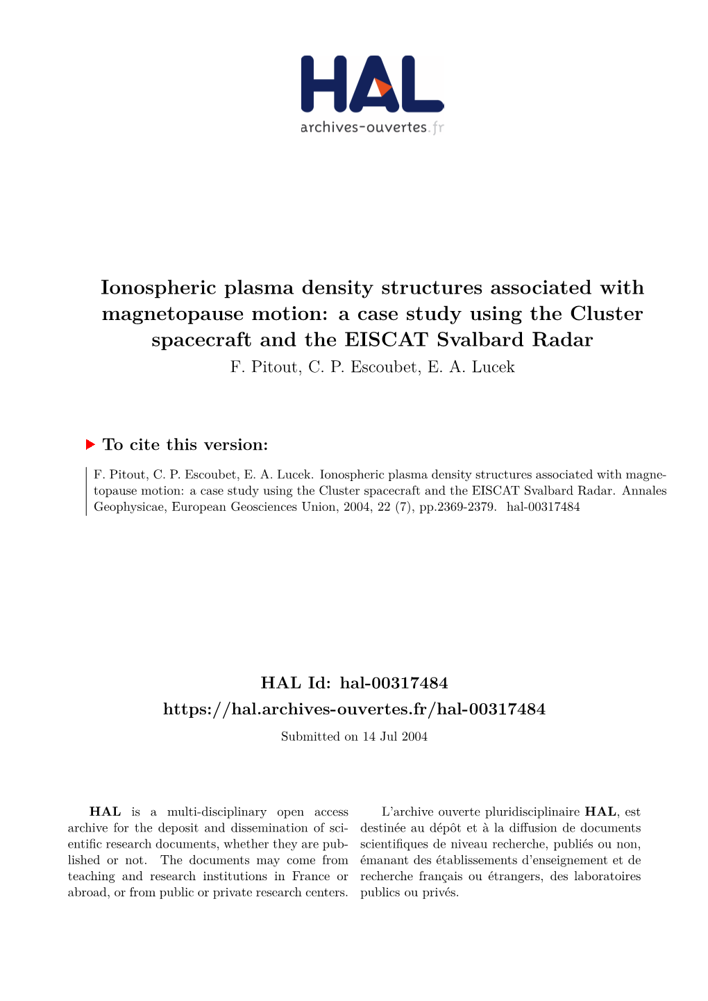 Ionospheric Plasma Density Structures Associated with Magnetopause Motion: a Case Study Using the Cluster Spacecraft and the EISCAT Svalbard Radar F