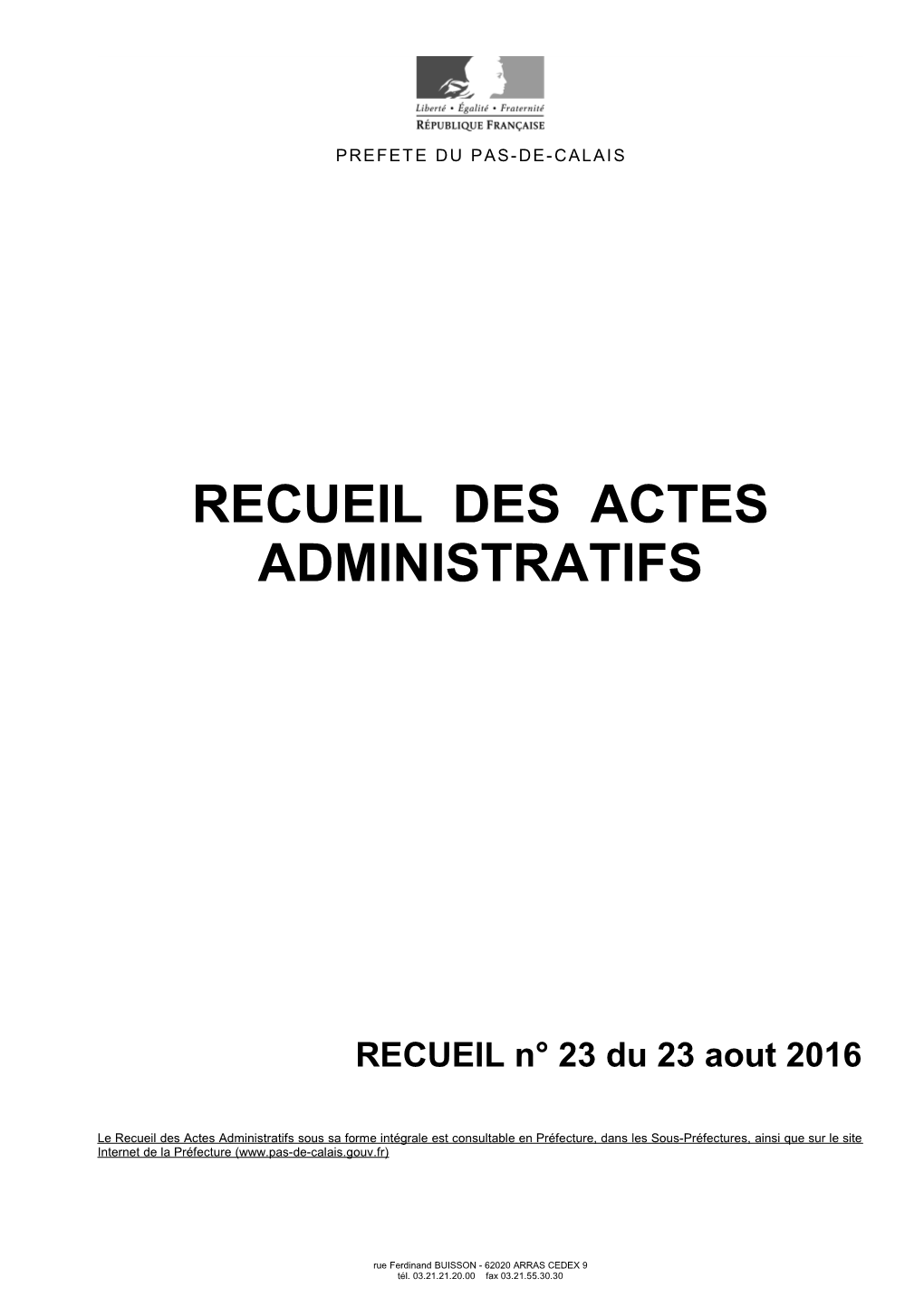 Recueil Des Actes Administratifs N°23 Du 23 Aout 2016