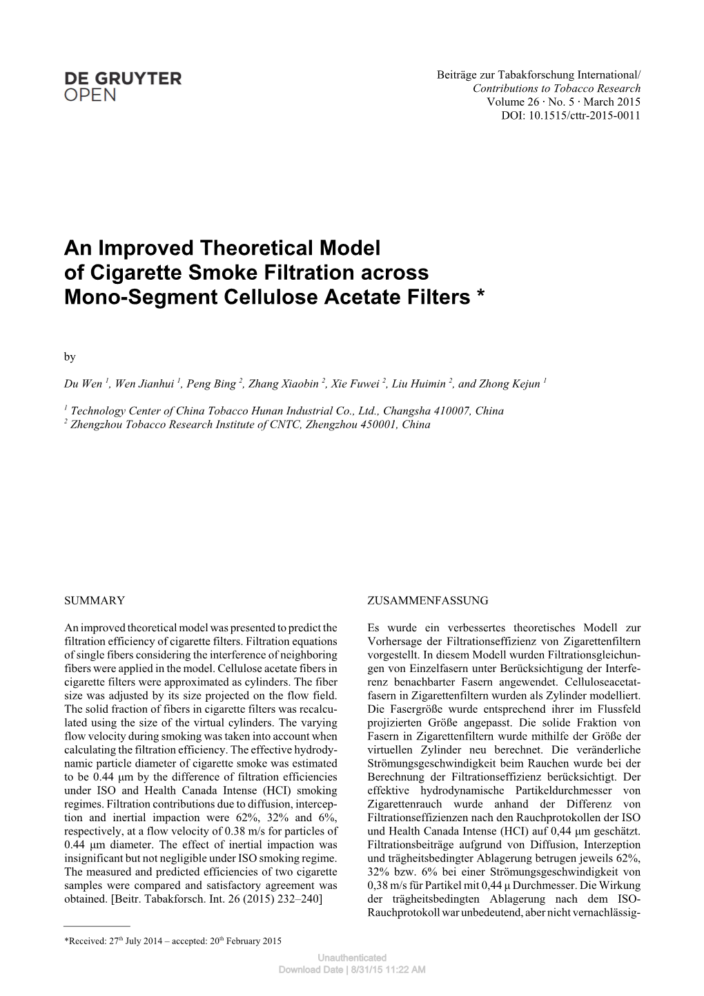 An Improved Theoretical Model of Cigarette Smoke Filtration Across Mono-Segment Cellulose Acetate Filters *