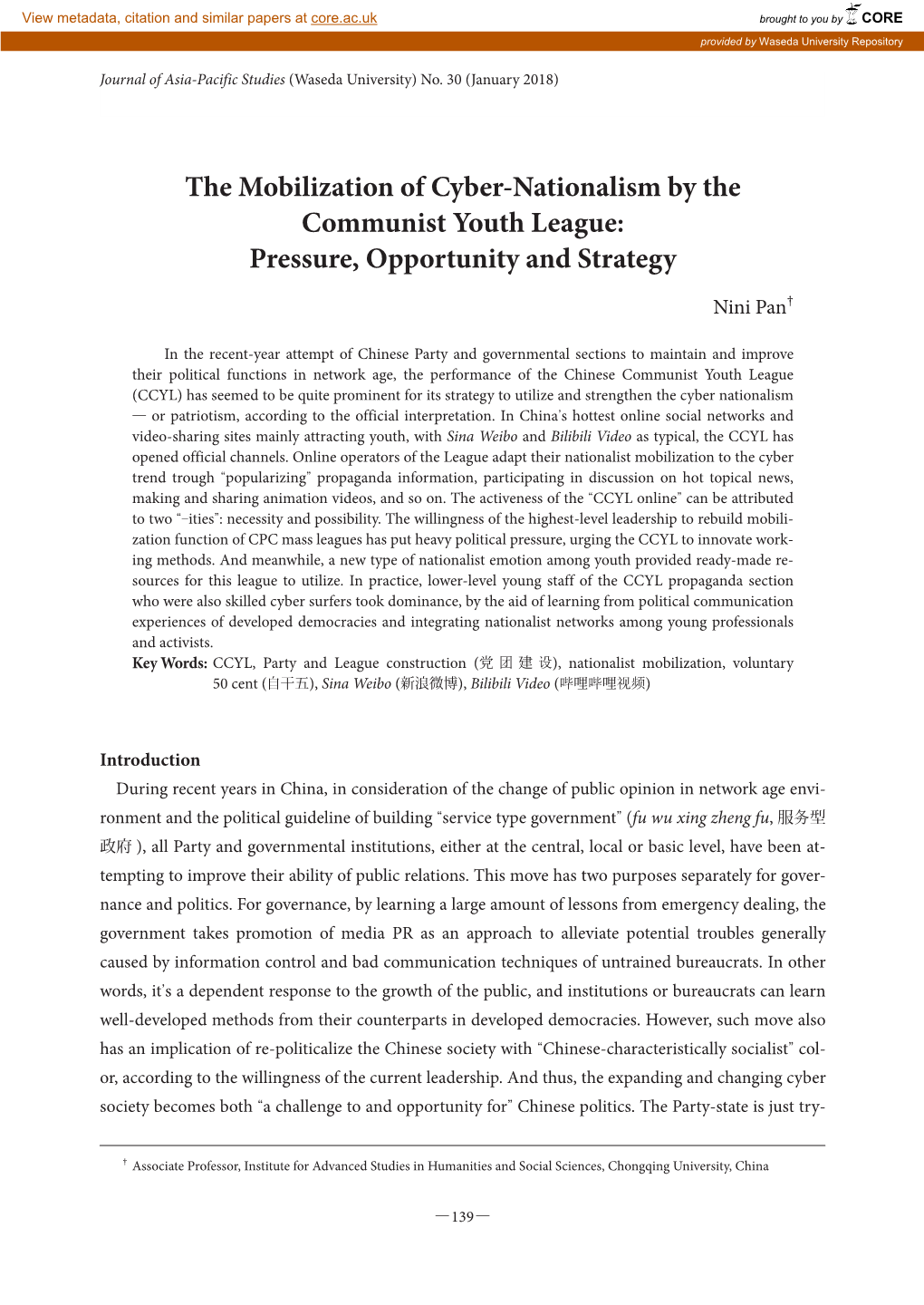 The Mobilization of Cyber-Nationalism by the Communist Youth League: Pressure, Opportunity and Strategy