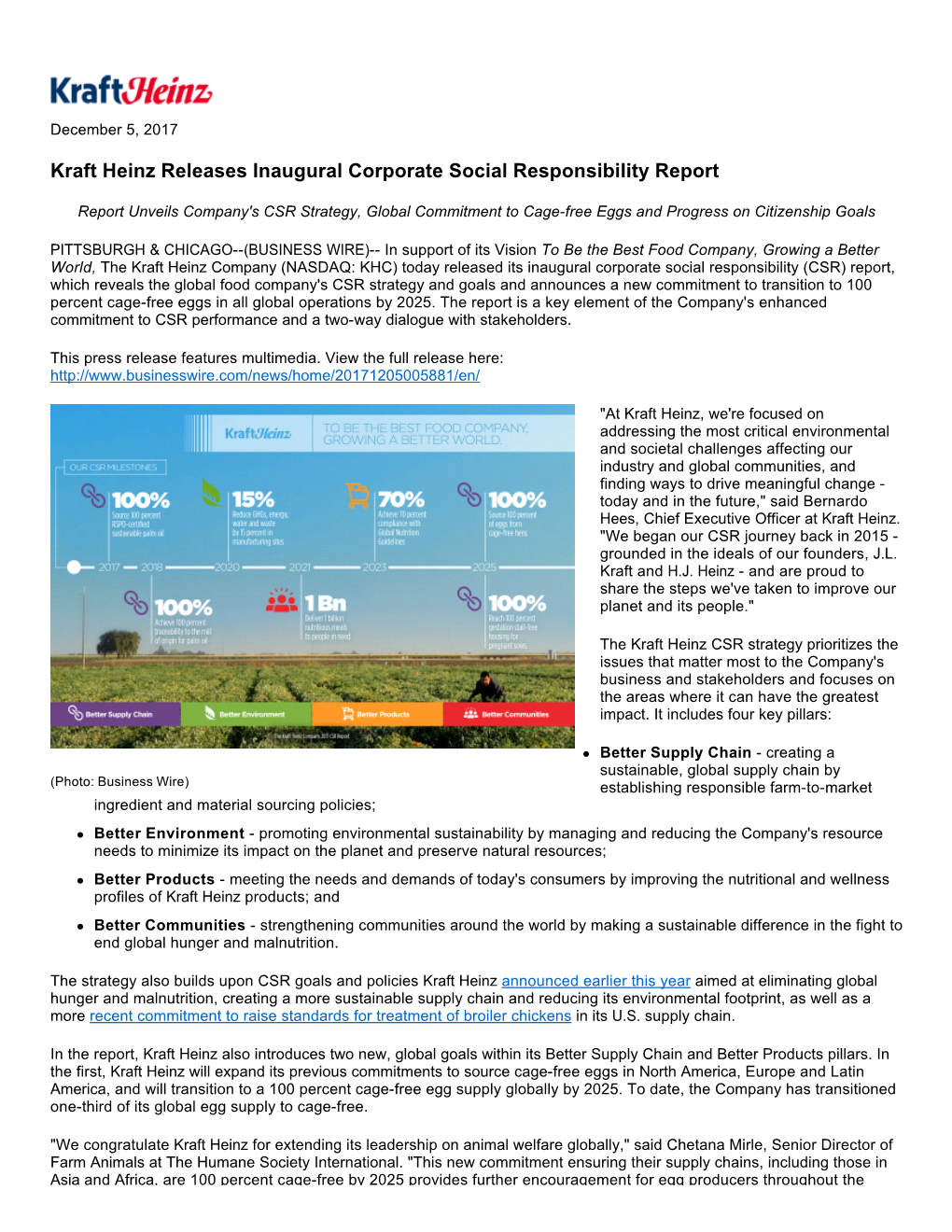 Kraft Heinz Releases Inaugural Corporate Social Responsibility Report