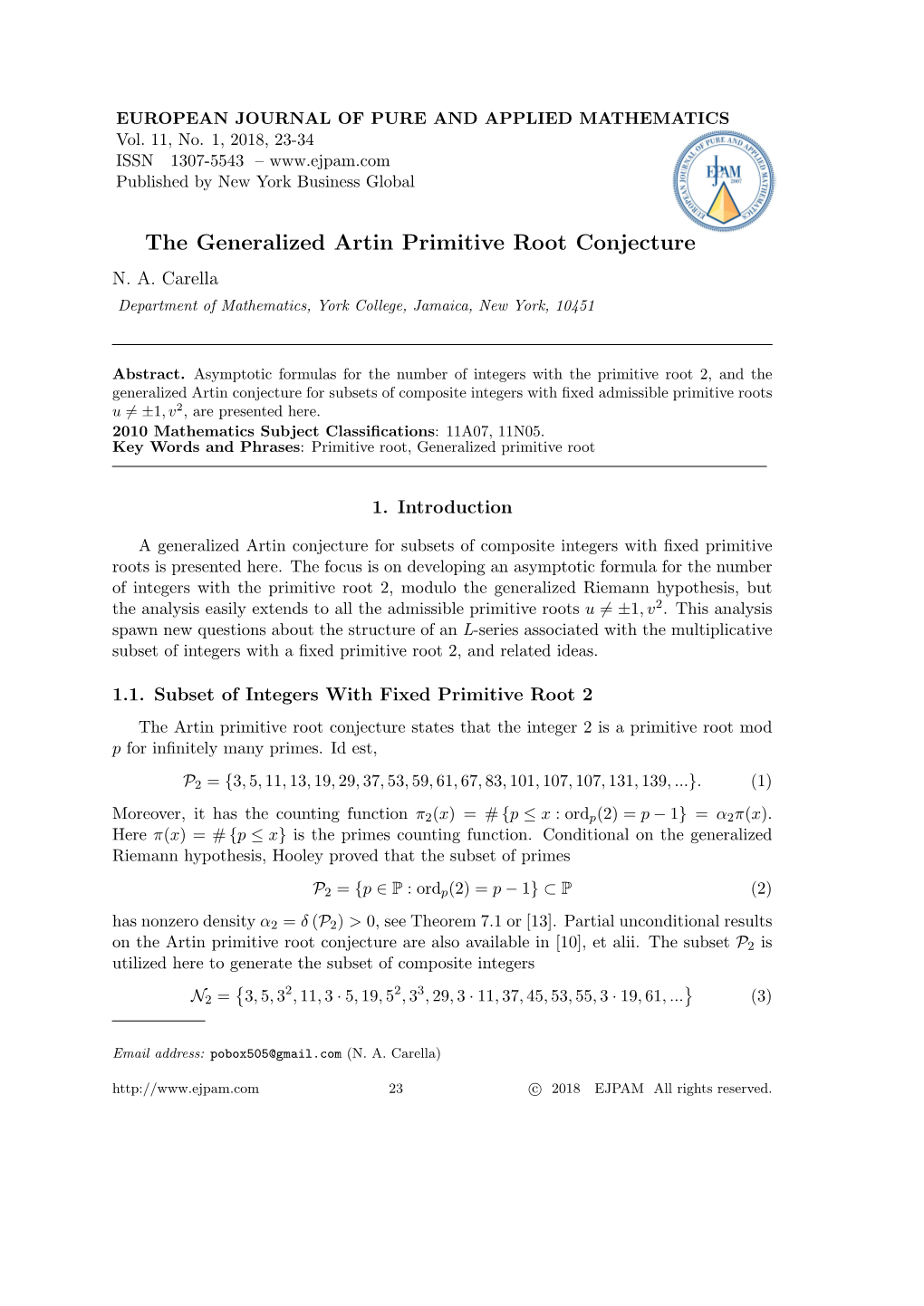 The Generalized Artin Primitive Root Conjecture N