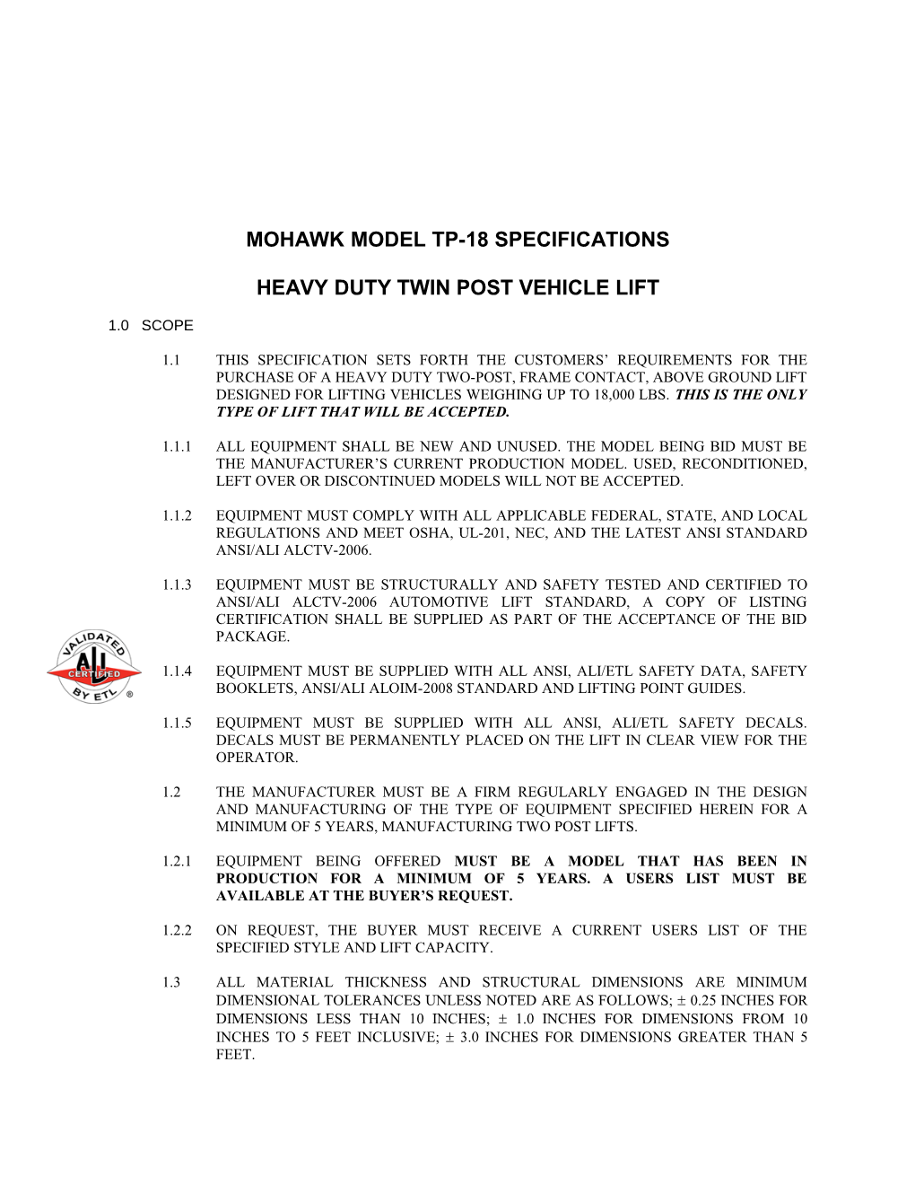 __ Mohawk Model System -1A Specifications