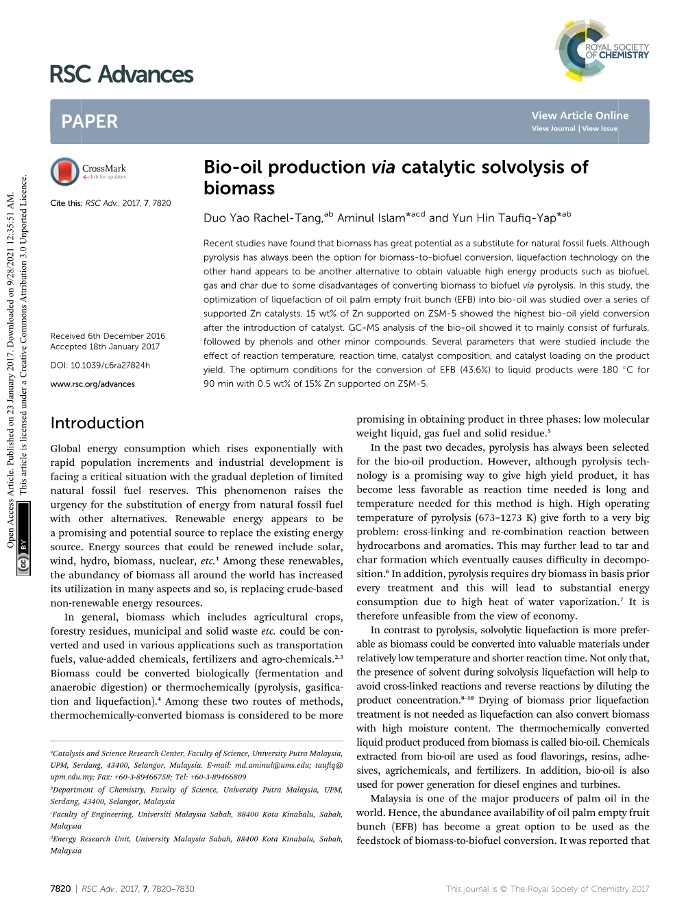 Bio-Oil Production Via Catalytic Solvolysis of Biomass Cite This: RSC Adv.,2017,7,7820 Duo Yao Rachel-Tang,Ab Aminul Islam*Acd and Yun Hin Tauﬁq-Yap*Ab