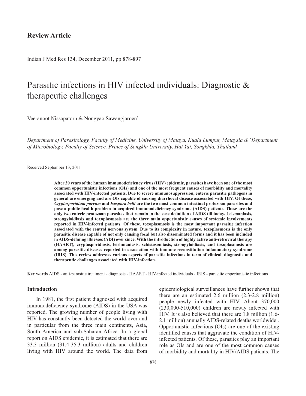 Parasitic Infections in HIV Infected Individuals: Diagnostic & Therapeutic Challenges