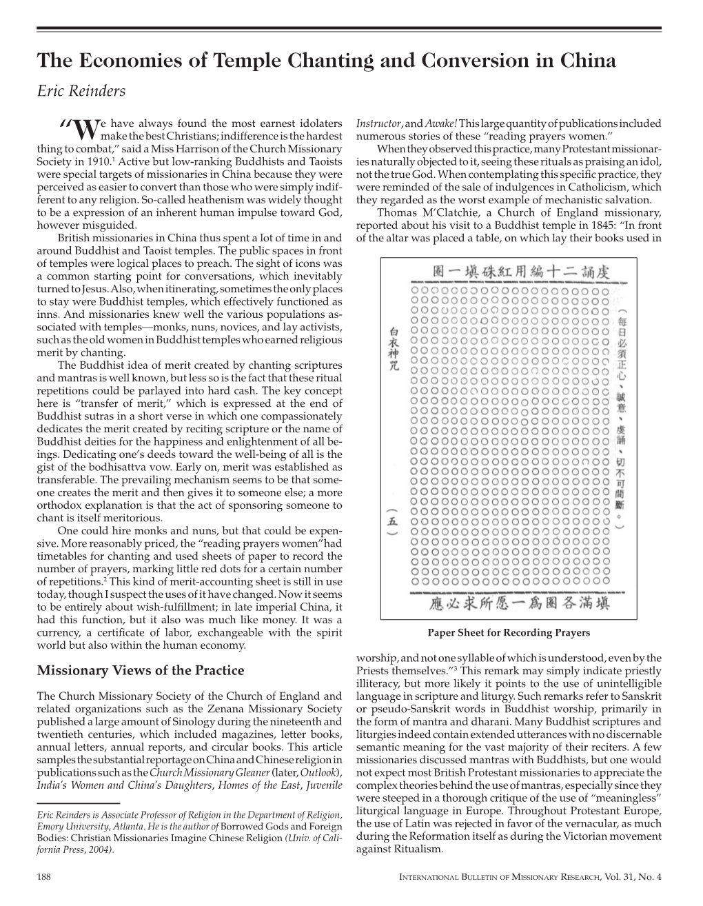 The Economies of Temple Chanting and Conversion in China Eric Reinders