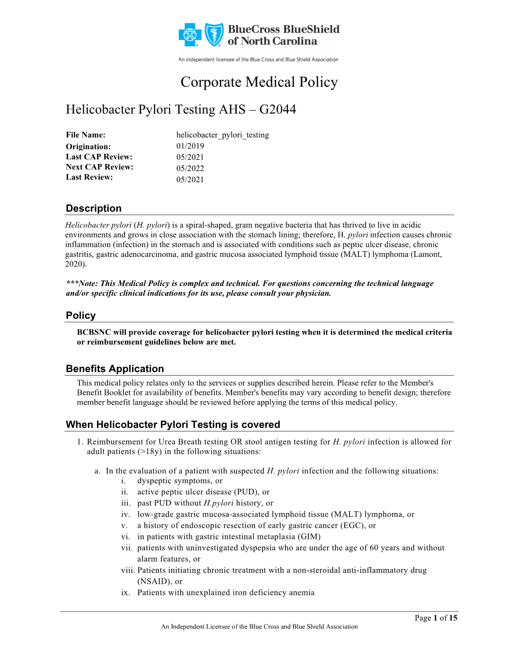 Helicobacter Pylori Testing AHS – G2044