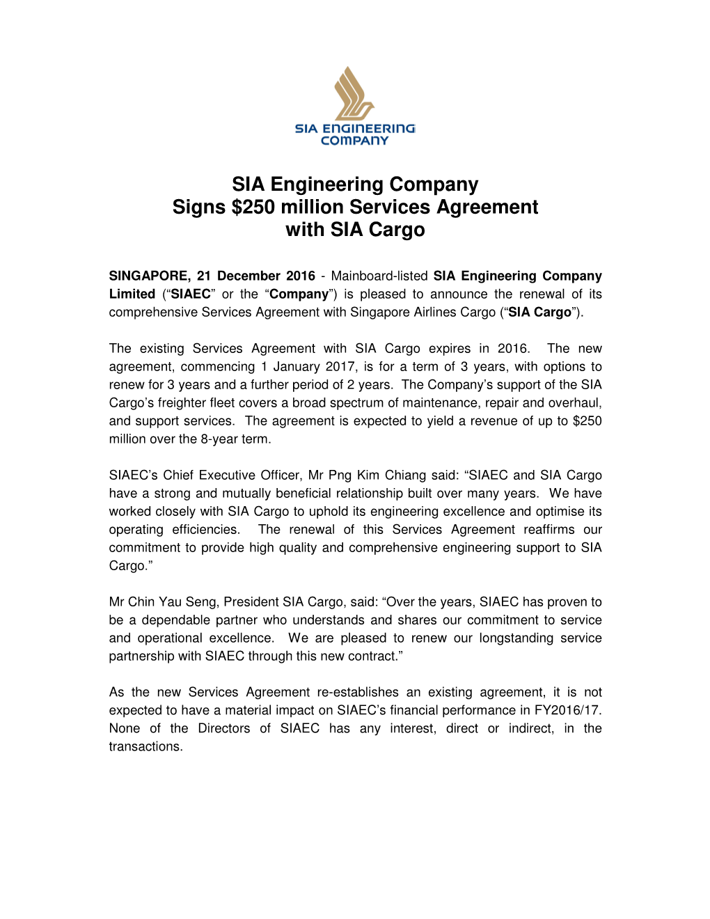 SIA Engineering Company Signs $250 Million Services Agreement with SIA Cargo