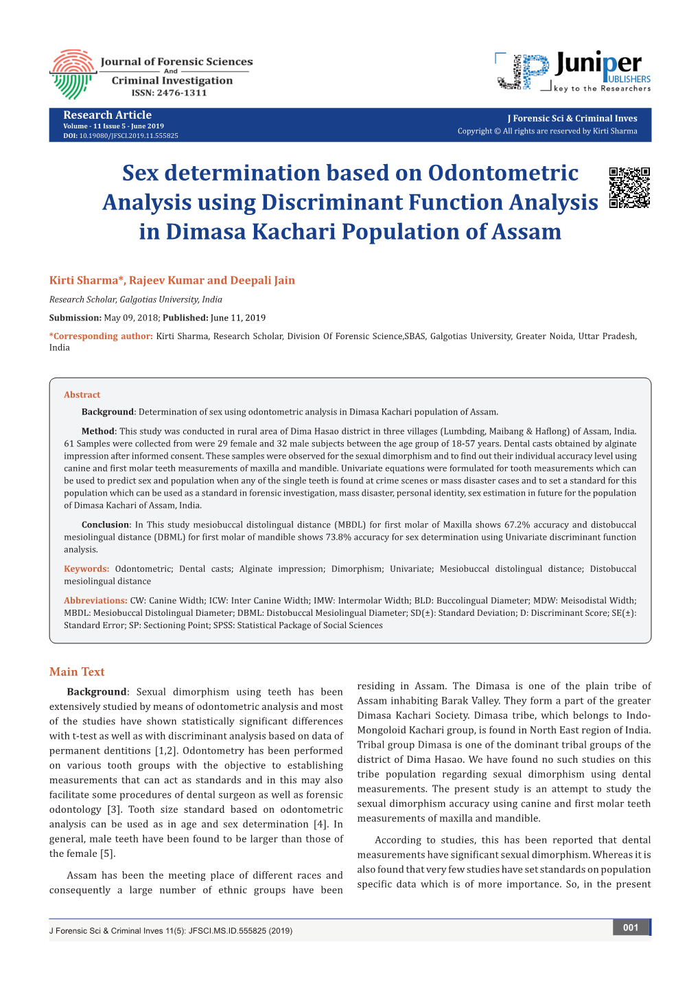 Sex Determination Based on Odontometric Analysis Using Discriminant Function Analysis in Dimasa Kachari Population of Assam