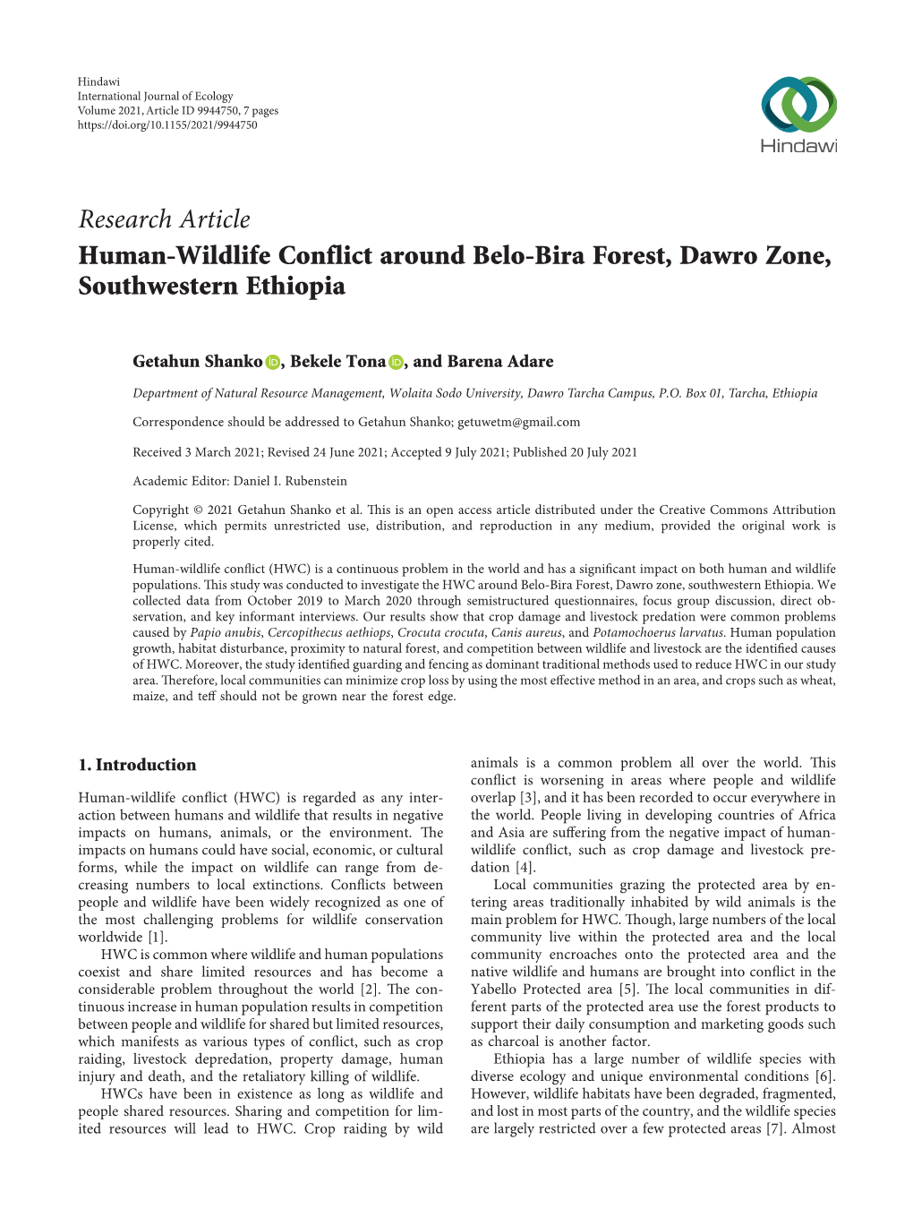Research Article Human-Wildlife Conflict Around Belo-Bira Forest, Dawro Zone, Southwestern Ethiopia