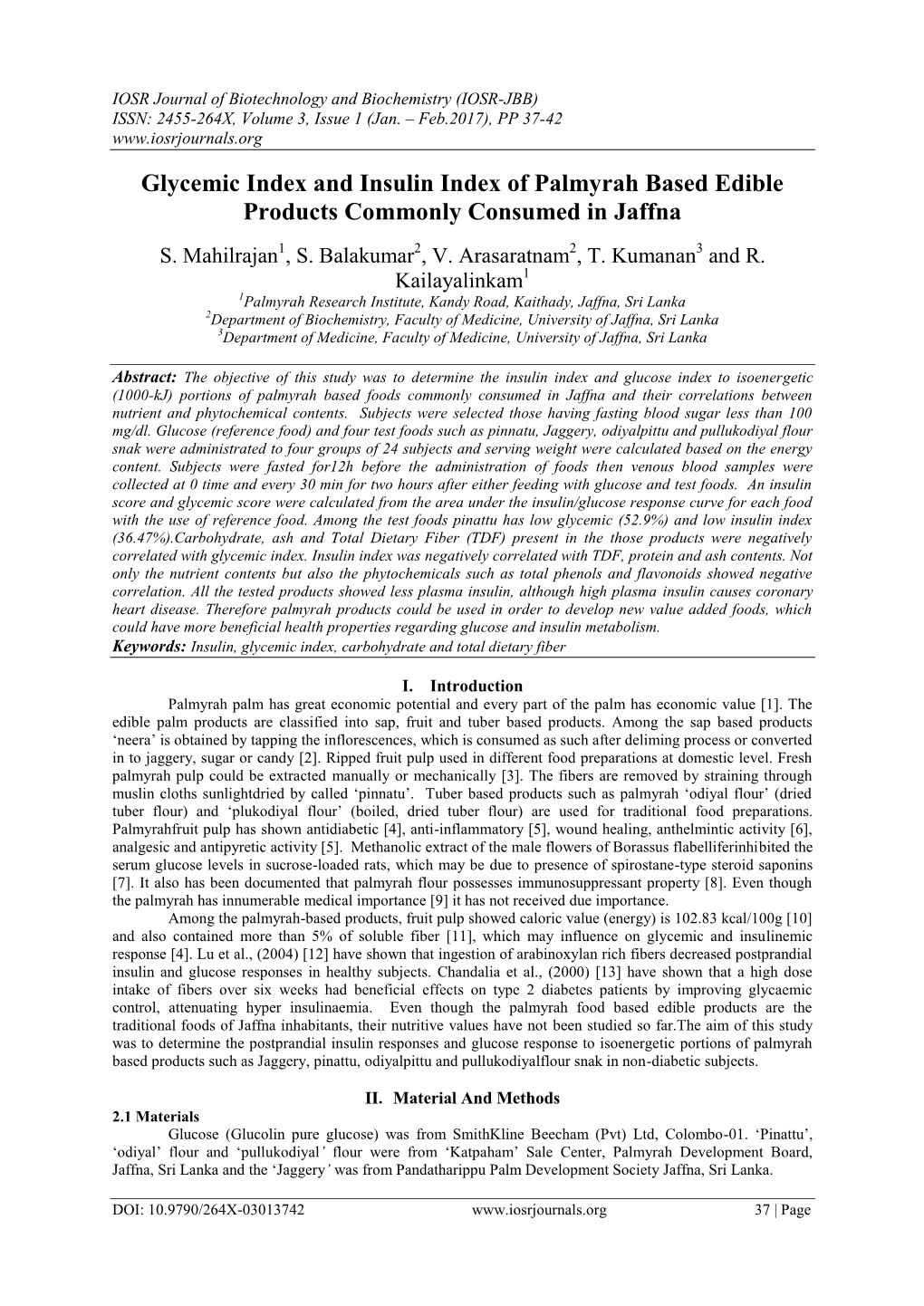 Glycemic Index and Insulin Index of Palmyrah Based Edible Products Commonly Consumed in Jaffna