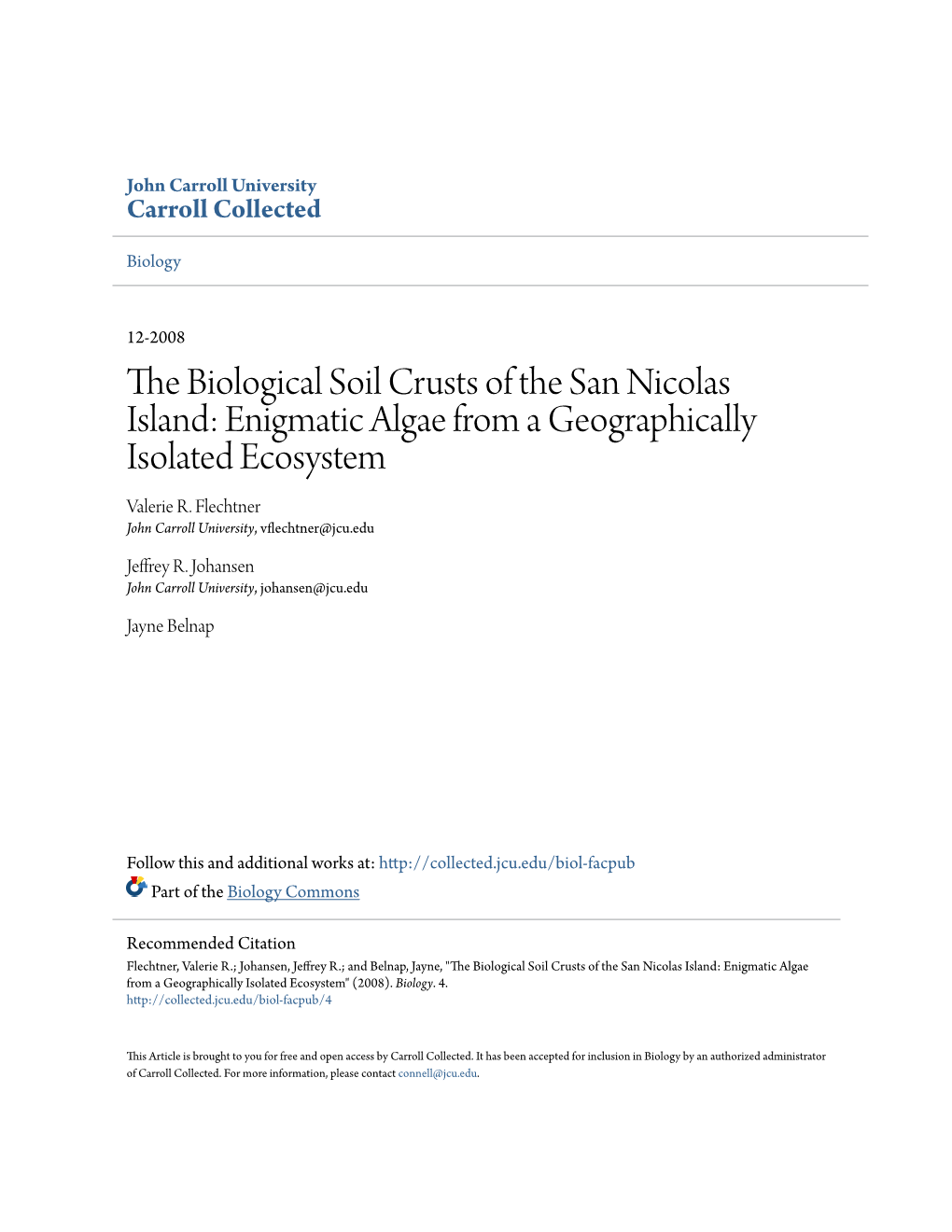 The Biological Soil Crusts of the San Nicolas Island: Enigmatic Algae from a Geographically Isolated Ecosystem