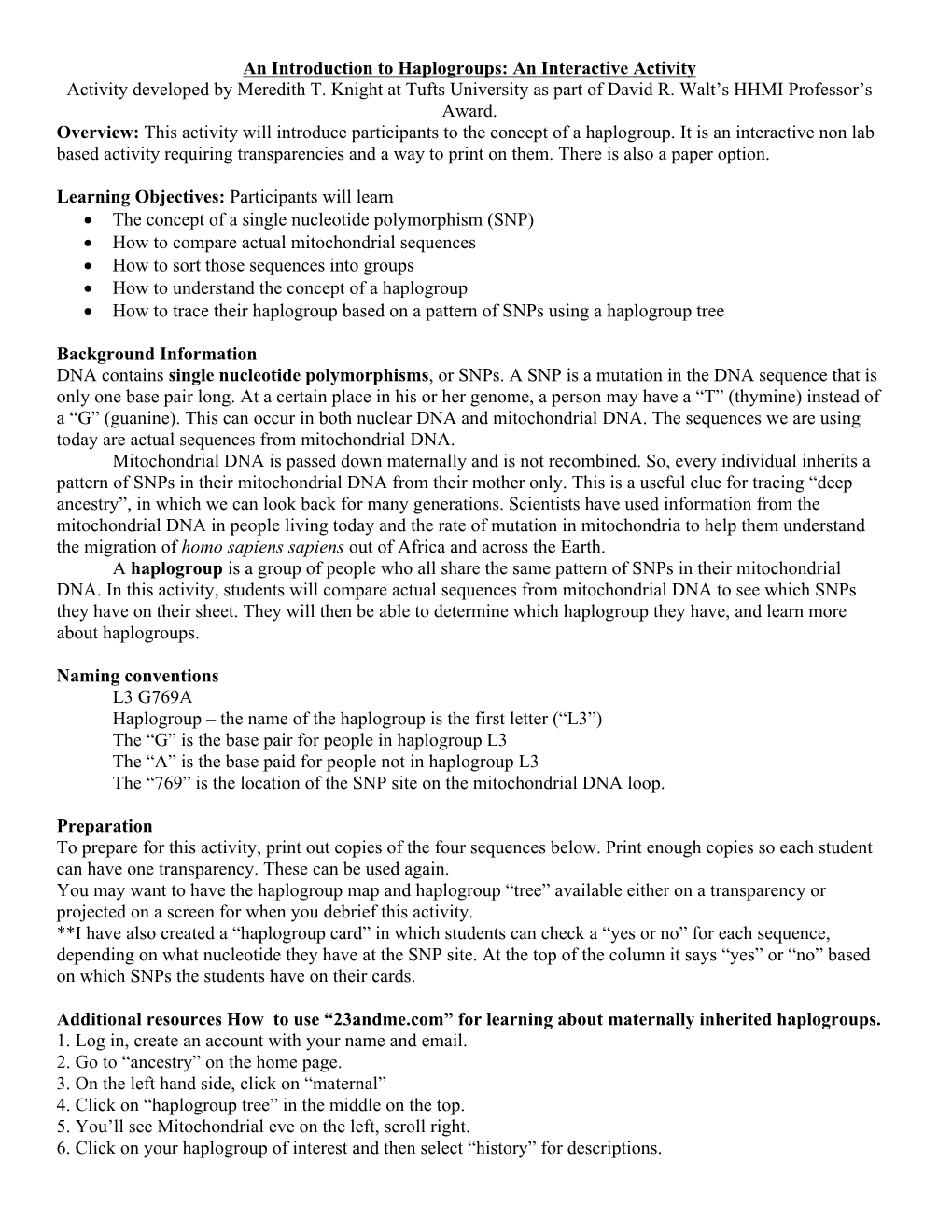 An Introduction to Haplogroups: an Interactive Activity Activity Developed by Meredith T