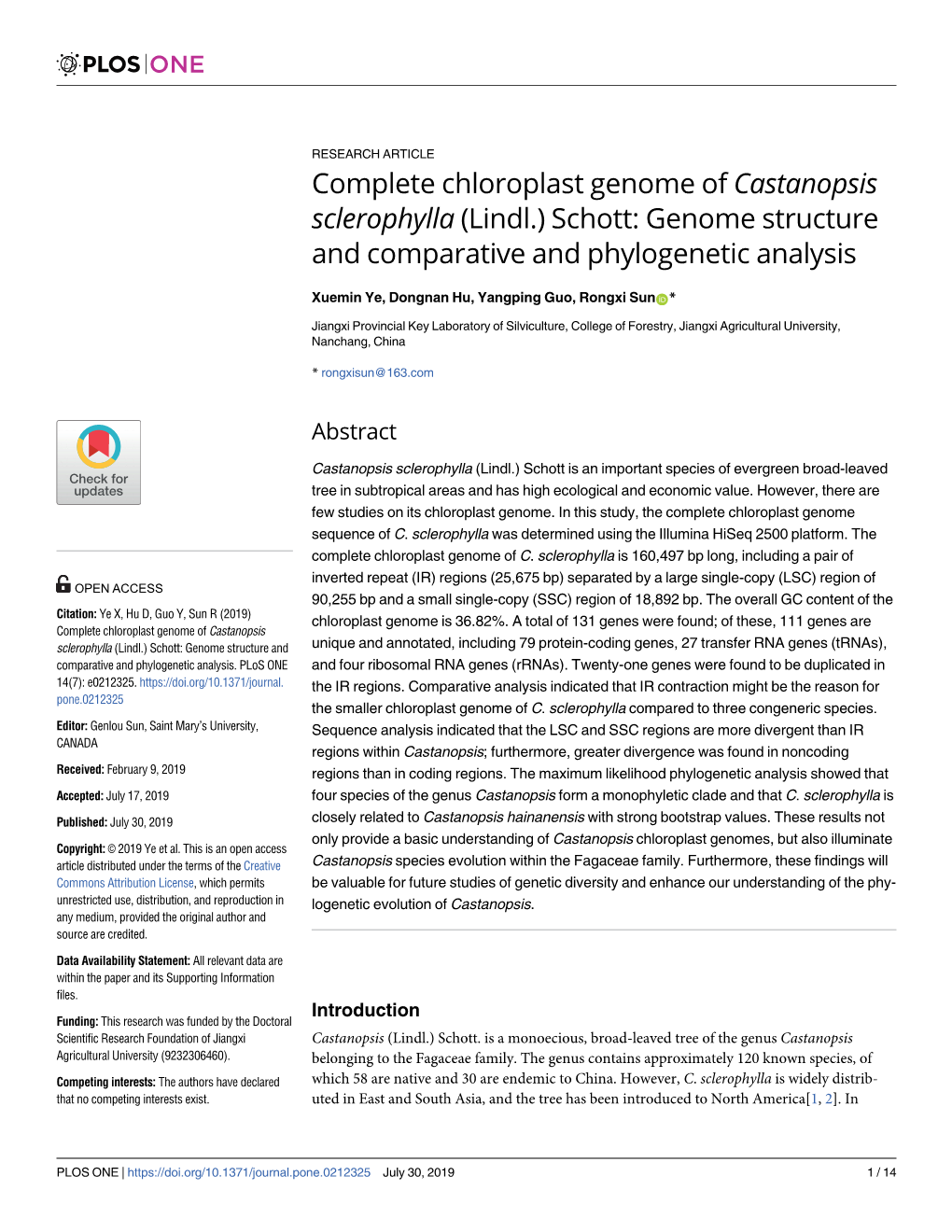 Complete Chloroplast Genome of Castanopsis Sclerophylla (Lindl.) Schott: Genome Structure and Comparative and Phylogenetic Analysis