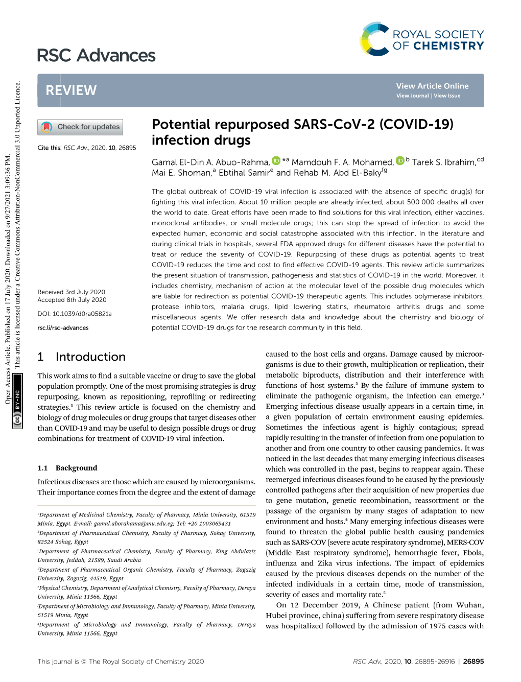 COVID-19) Infection Drugs Cite This: RSC Adv., 2020, 10, 26895 Gamal El-Din A