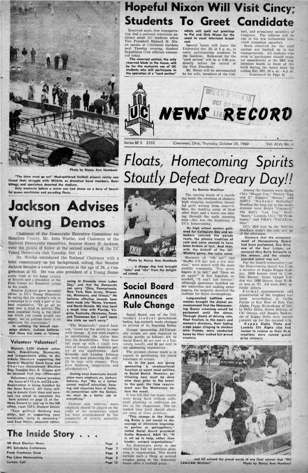 University of Cincinnati News Record. Thursday, October 20, 1960. Vol
