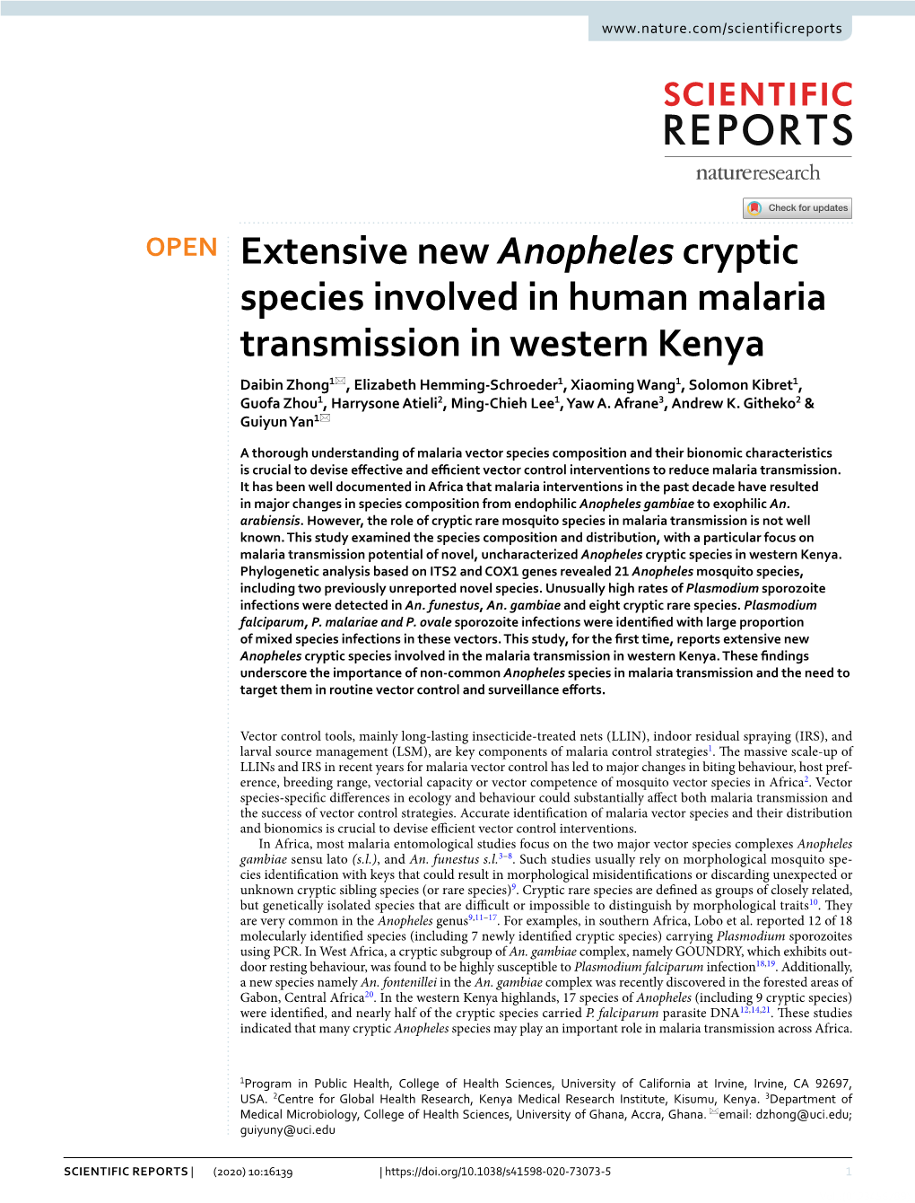 Extensive New Anopheles Cryptic Species Involved in Human Malaria