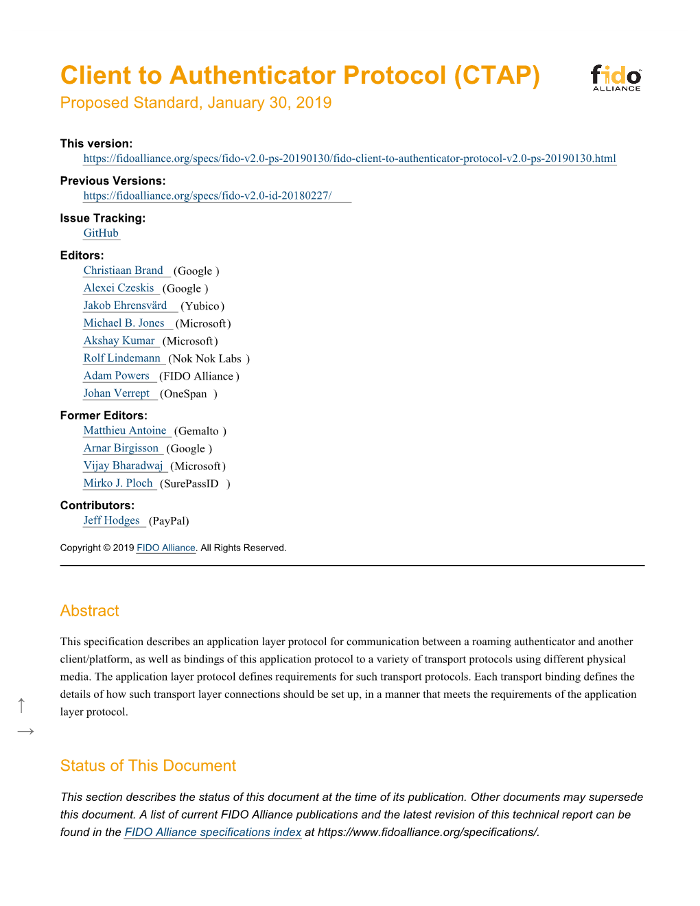 Client to Authenticator Protocol (CTAP) Proposed Standard, January 30, 2019