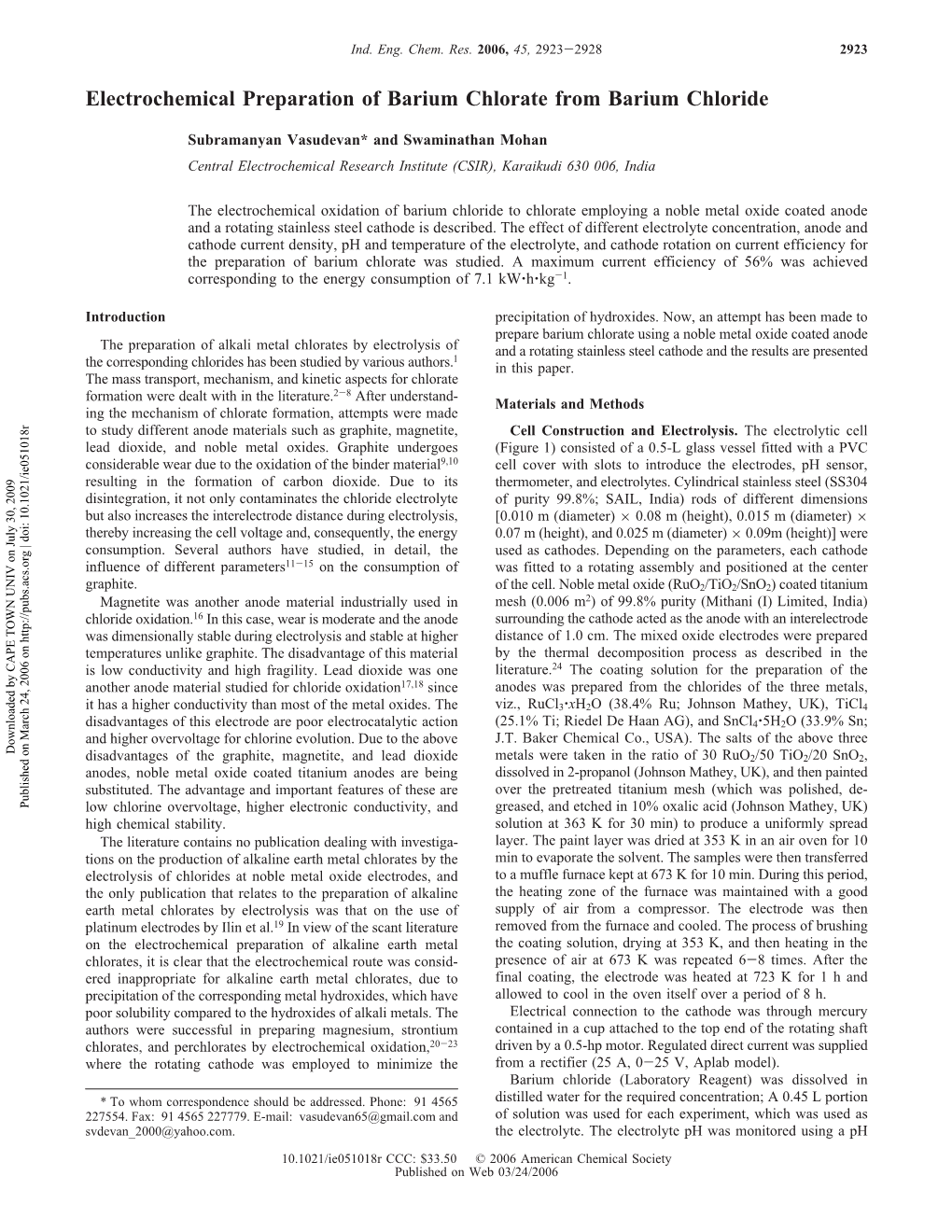 Electrochemical Preparation of Barium Chlorate from Barium Chloride