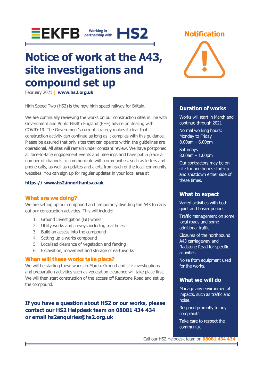 Notice of Work at the A43, Site Investigations and Compound Set up February 2021 |