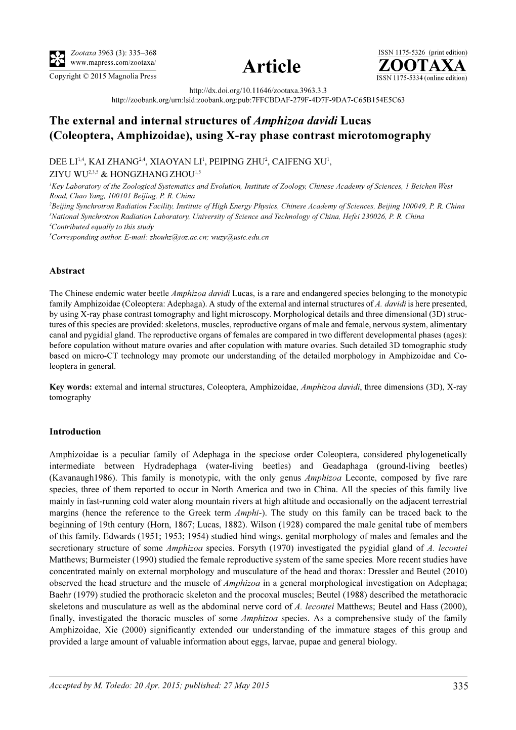 The External and Internal Structures of Amphizoa Davidi Lucas (Coleoptera, Amphizoidae), Using X-Ray Phase Contrast Microtomography