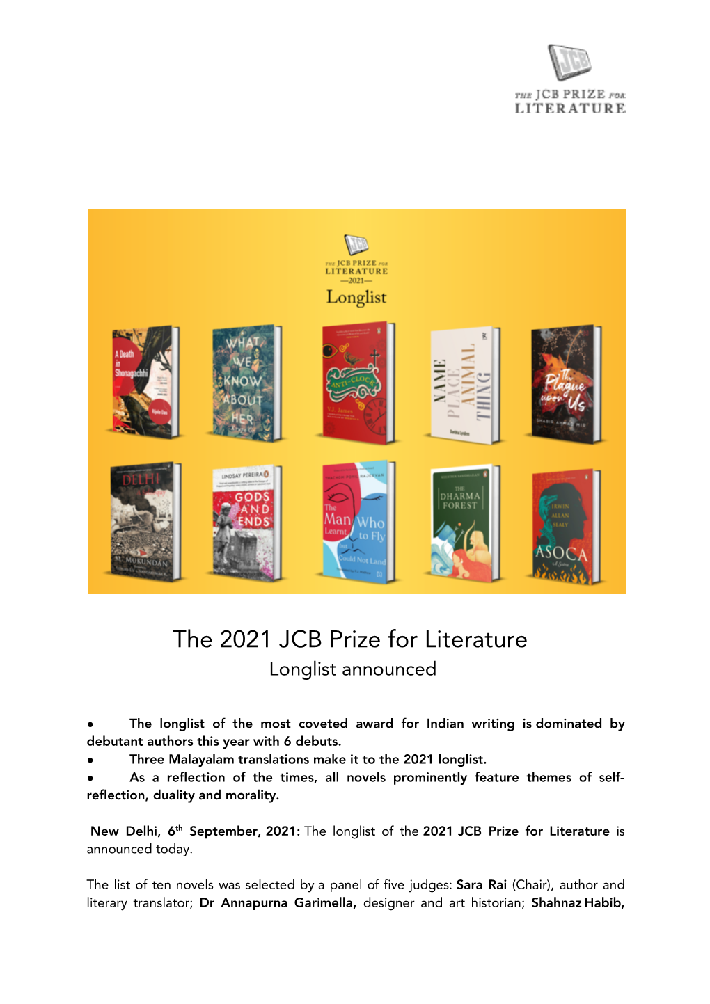 The 2021 JCB Prize for Literature Longlist Announced