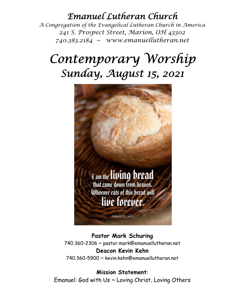 Contemporary Worship Sunday, August 15, 2021