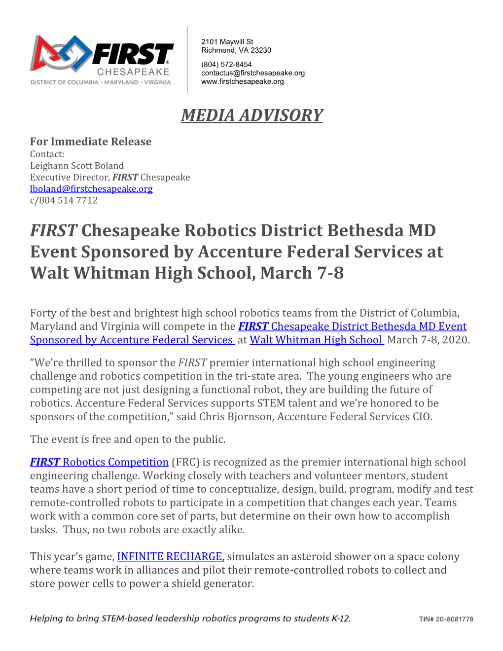 MEDIA ADVISORY FIRST Chesapeake Robotics District