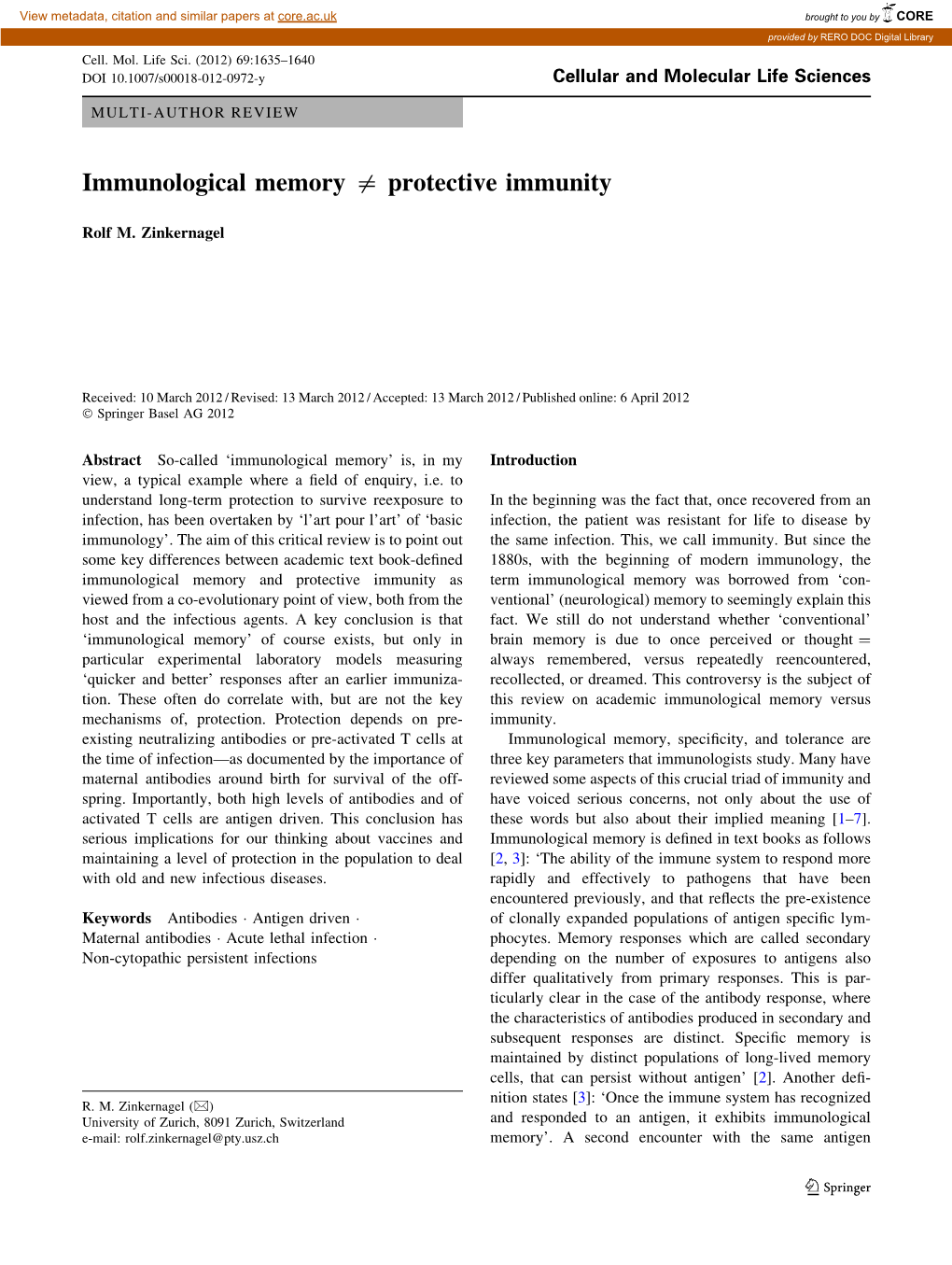 Immunological Memory = Protective Immunity