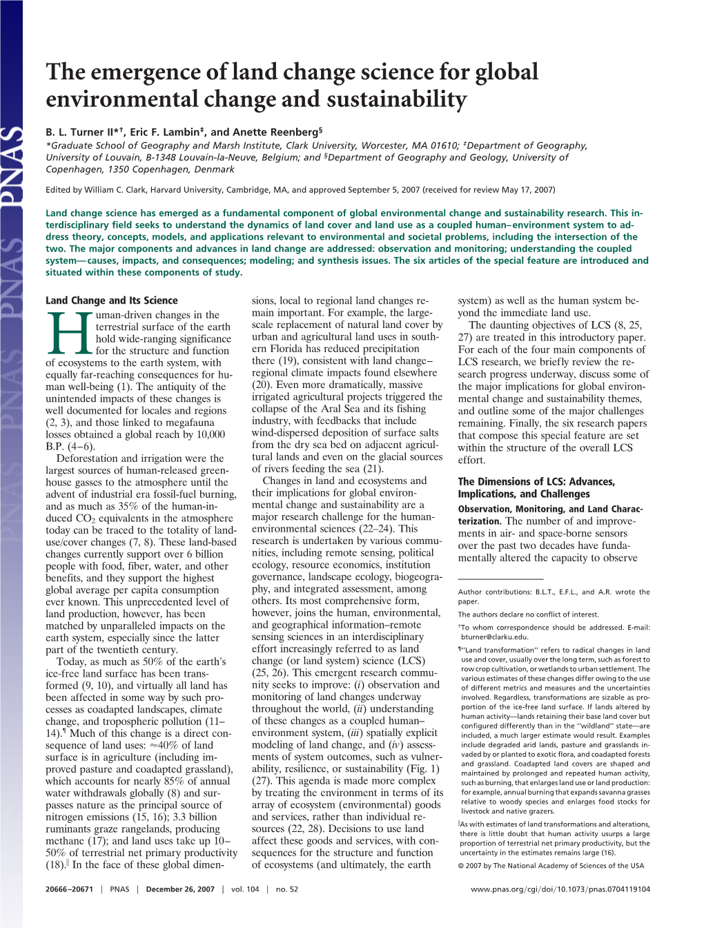 The Emergence of Land Change Science for Global Environmental Change and Sustainability