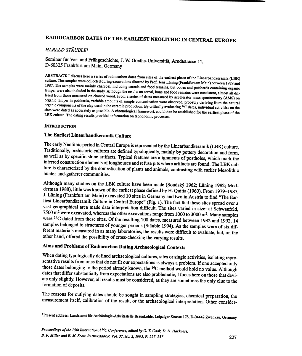 RADIOCARBON DATES of the EARLIEST NEOLITHIC in CENTRAL EUROPE the Earliest Linearbandkeramik Culture