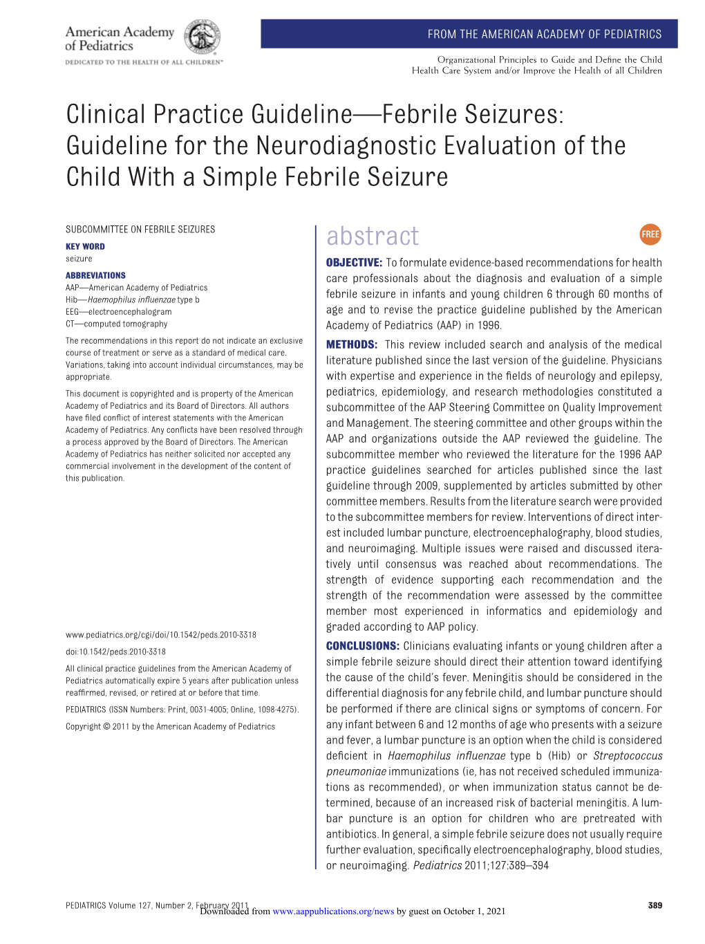 Clinical Practice Guideline—Febrile Seizures: Guideline for the Neurodiagnostic Evaluation of the Child with a Simple Febrile Seizure