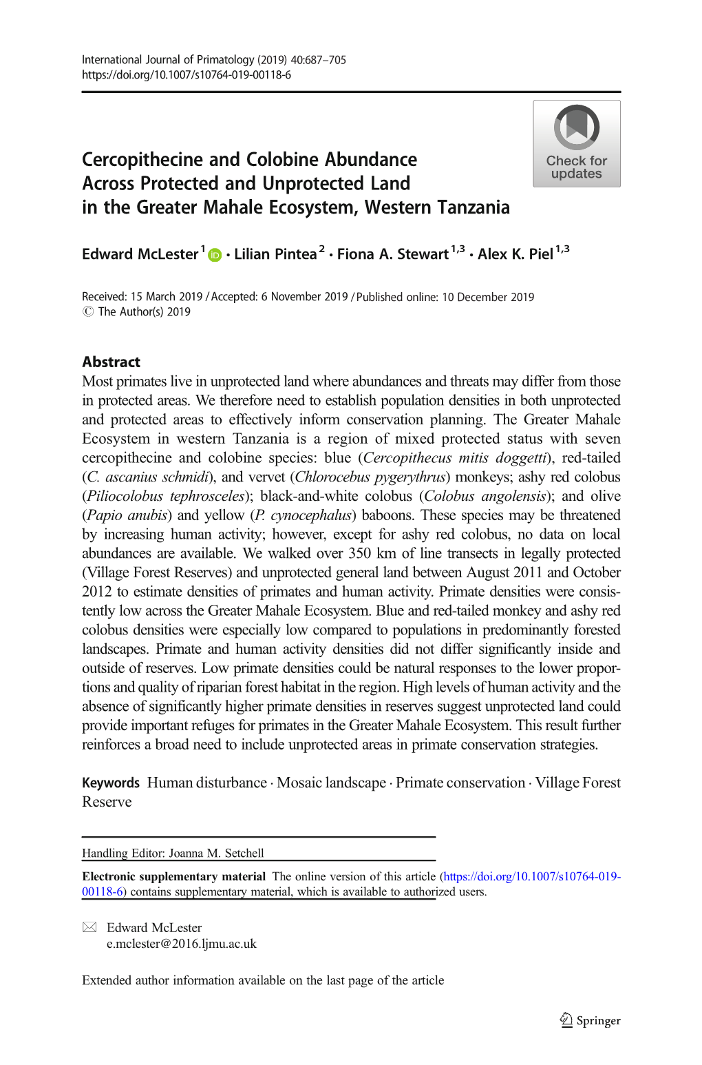 Cercopithecine and Colobine Abundance Across Protected and Unprotected Land in the Greater Mahale Ecosystem, Western Tanzania