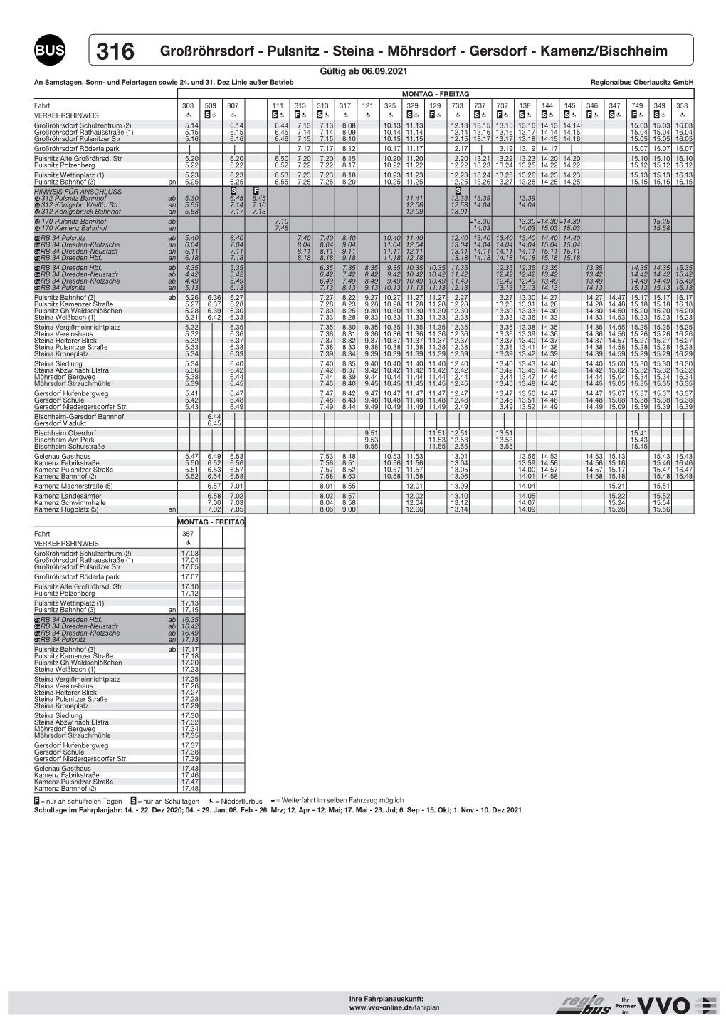 316 Großröhrsdorf - Pulsnitz - Steina - Möhrsdorf - Gersdorf - Kamenz/Bischheim Gültig Ab 06.09.2021 an Samstagen, Sonn- Und Feiertagen Sowie 24