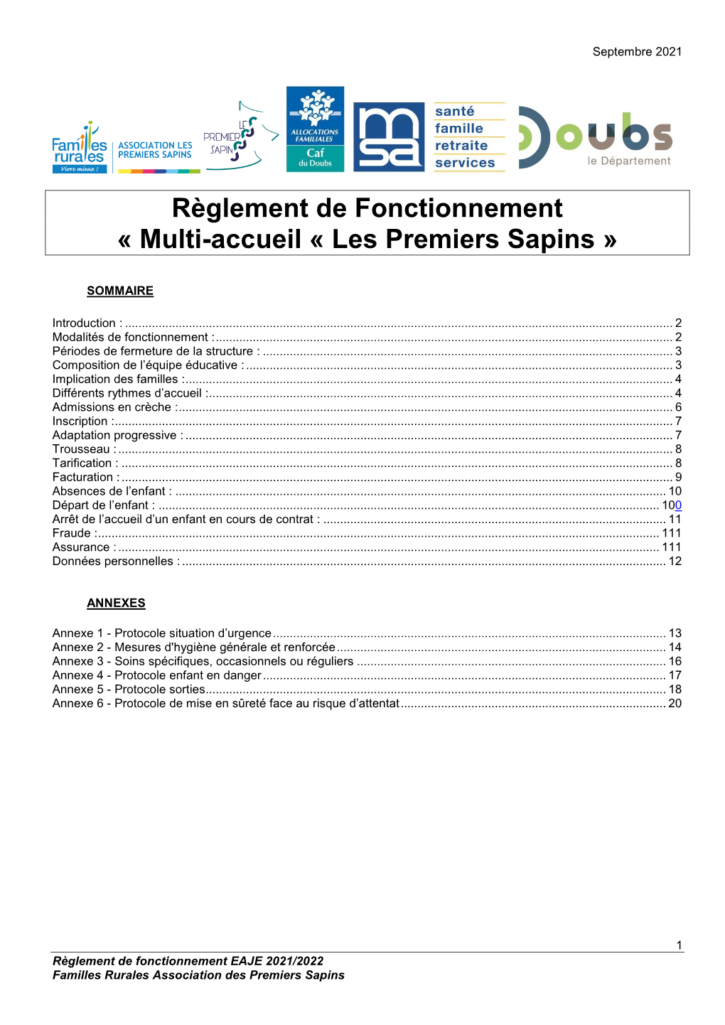 Règlement De Fonctionnement « Multi-Accueil « Les Premiers Sapins »