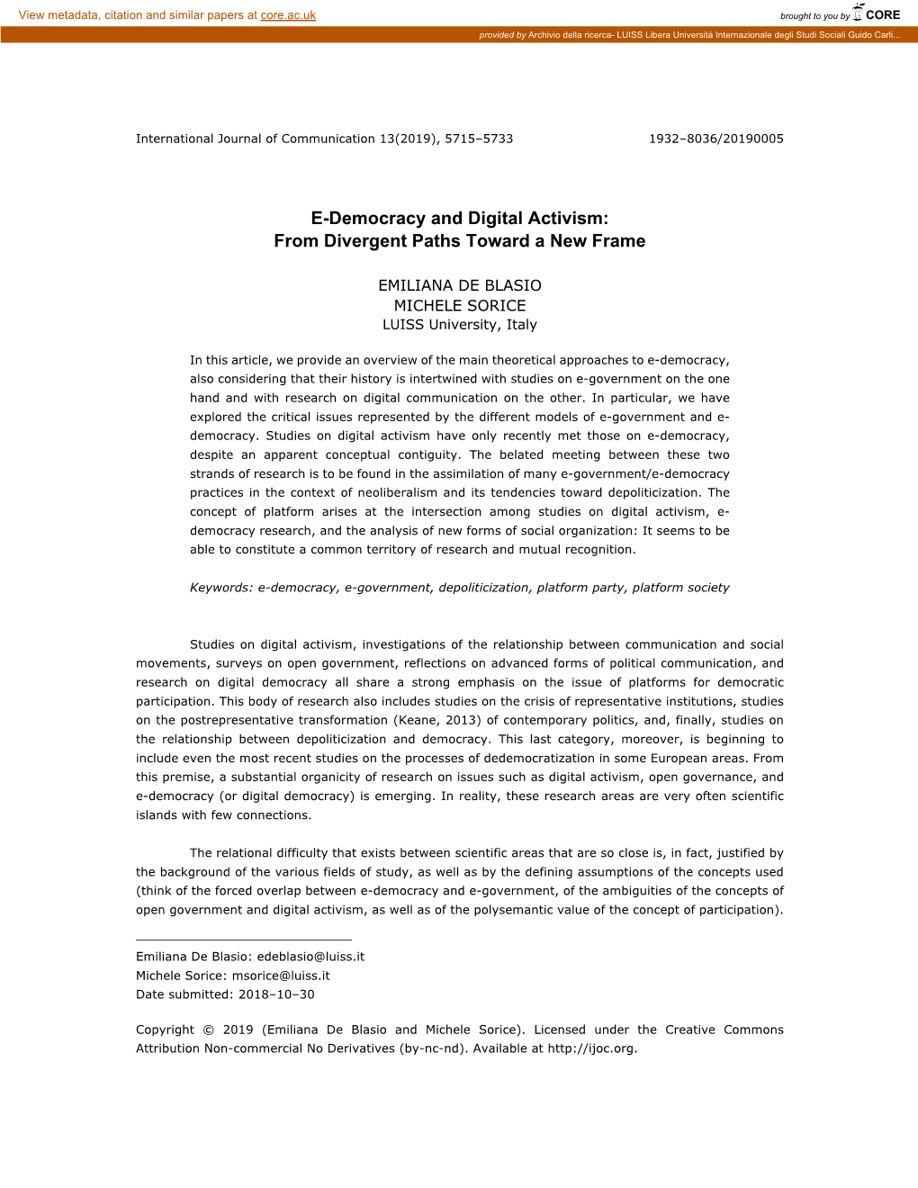 E-Democracy and Digital Activism: from Divergent Paths Toward a New Frame