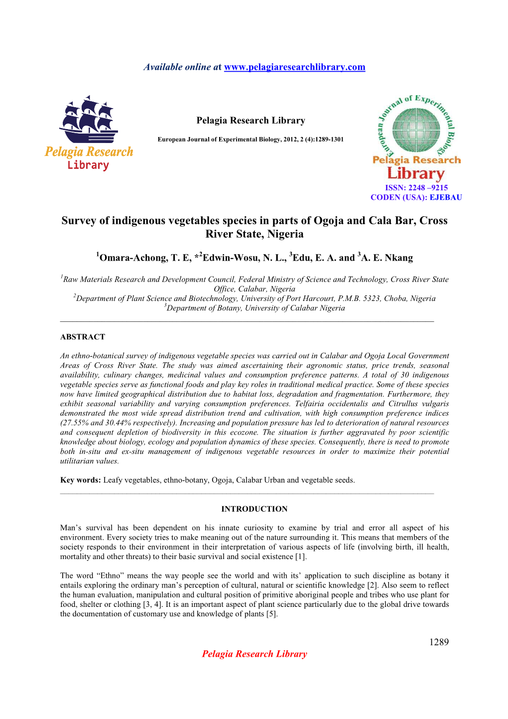 Survey of Indigenous Vegetables Species in Parts of Ogoja and Cala Bar, Cross River State, Nigeria