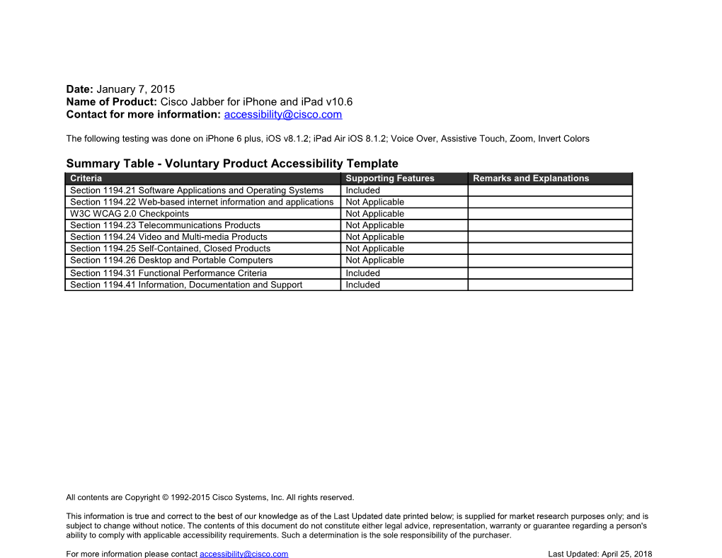 Summary Table - Voluntary Product Accessibility Template