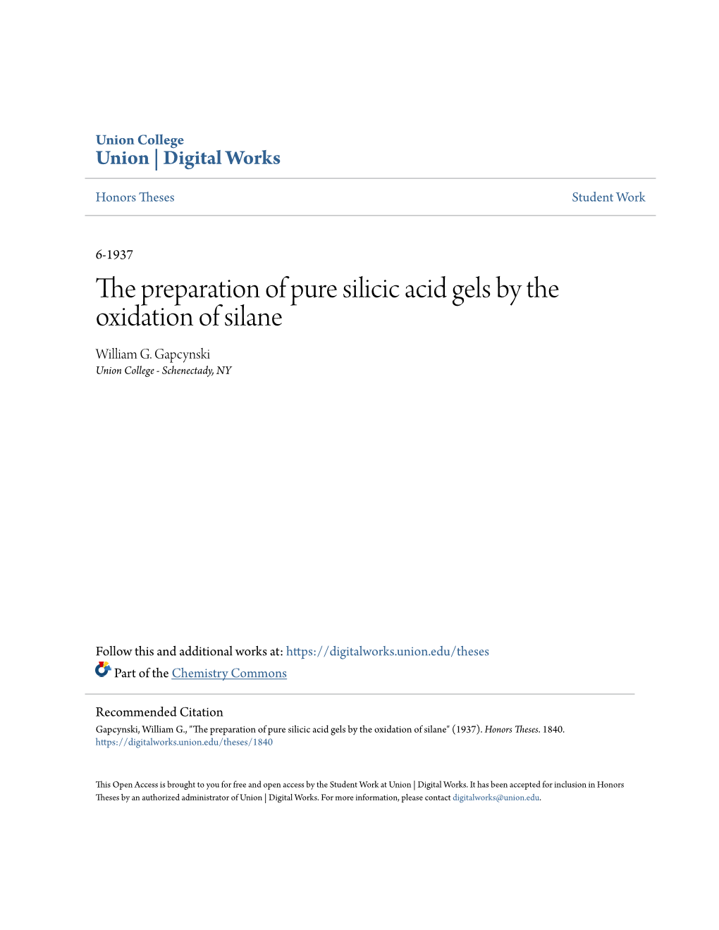 The Preparation of Pure Silicic Acid Gels by the Oxidation of Silane William G