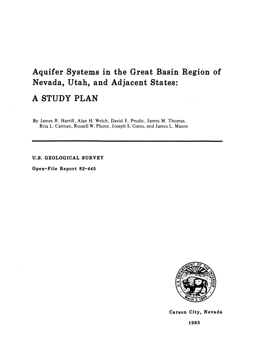 Aquifer Systems in the Great Basin Region of Nevada, Utah, and Adjacent States: a STUDY PLAN