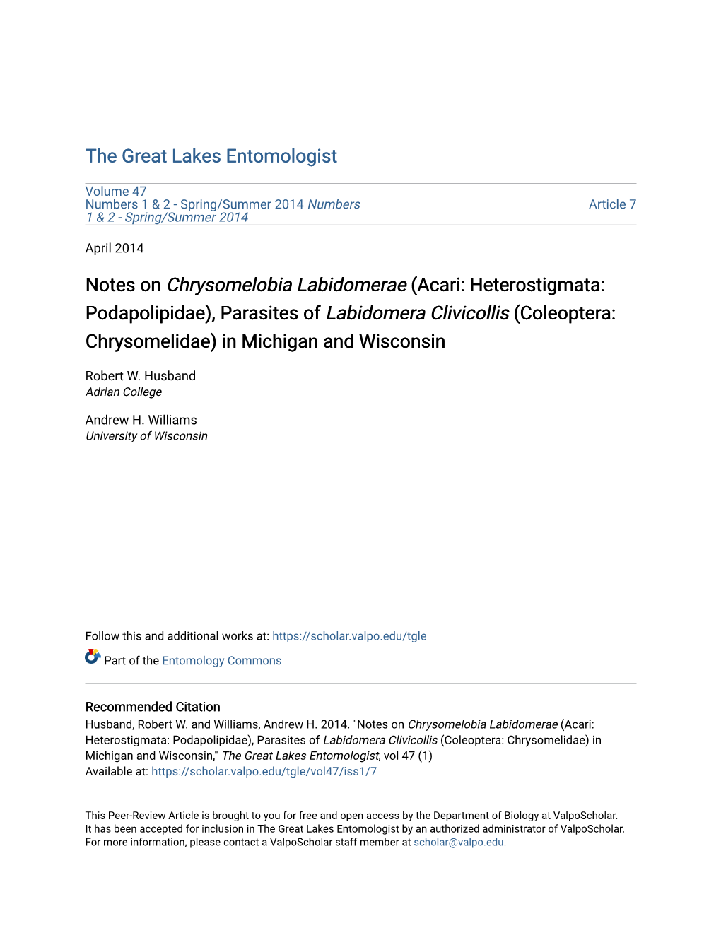 Parasites of Labidomera Clivicollis (Coleoptera: Chrysomelidae) in Michigan and Wisconsin