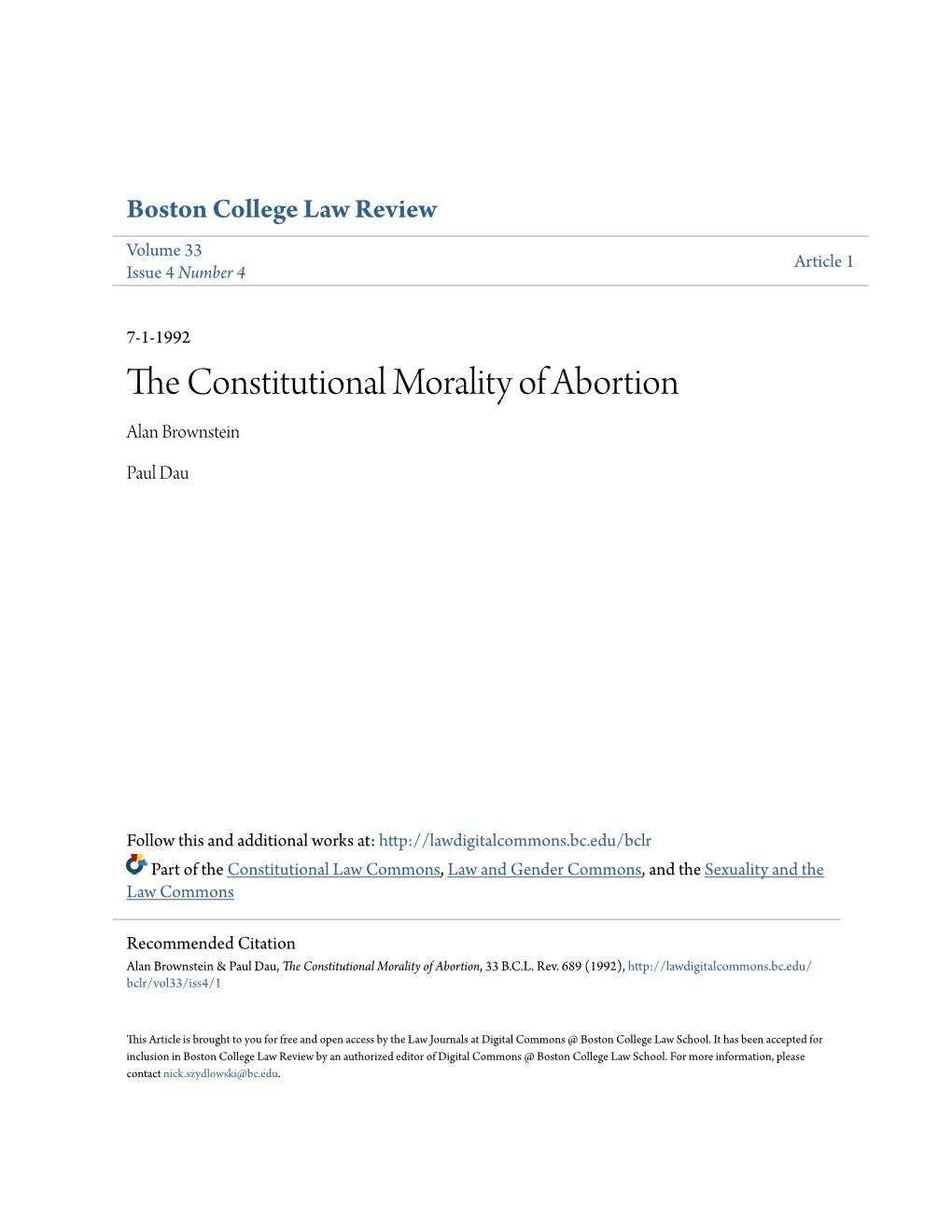 The Constitutional Morality of Abortion, 33 B.C.L