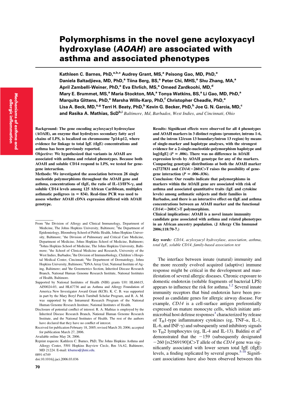 Polymorphisms in the Novel Gene Acyloxyacyl Hydroxylase (AOAH) Are Associated with Asthma and Associated Phenotypes