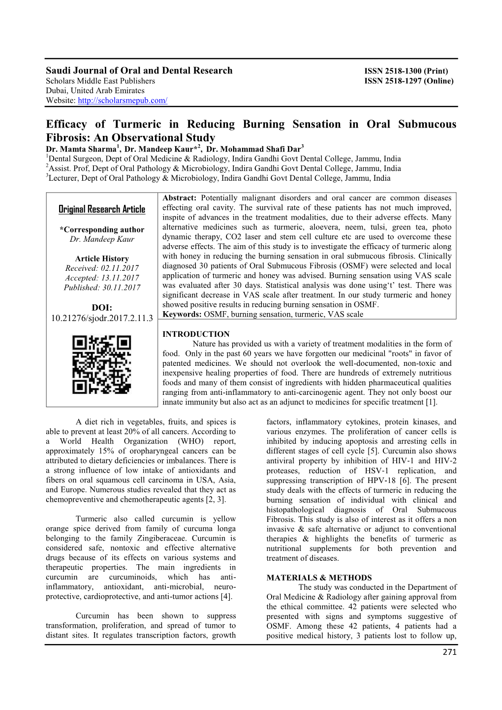 Efficacy of Turmeric in Reducing Burning Sensation in Oral Submucous Fibrosis: an Observational Study Dr